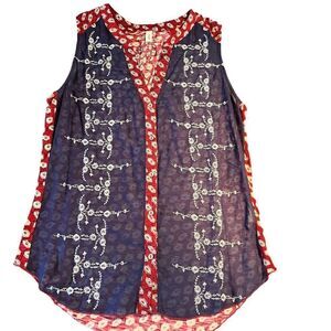 Anthropologie Tiny red navy cream silk embroidered sleeveless top XS